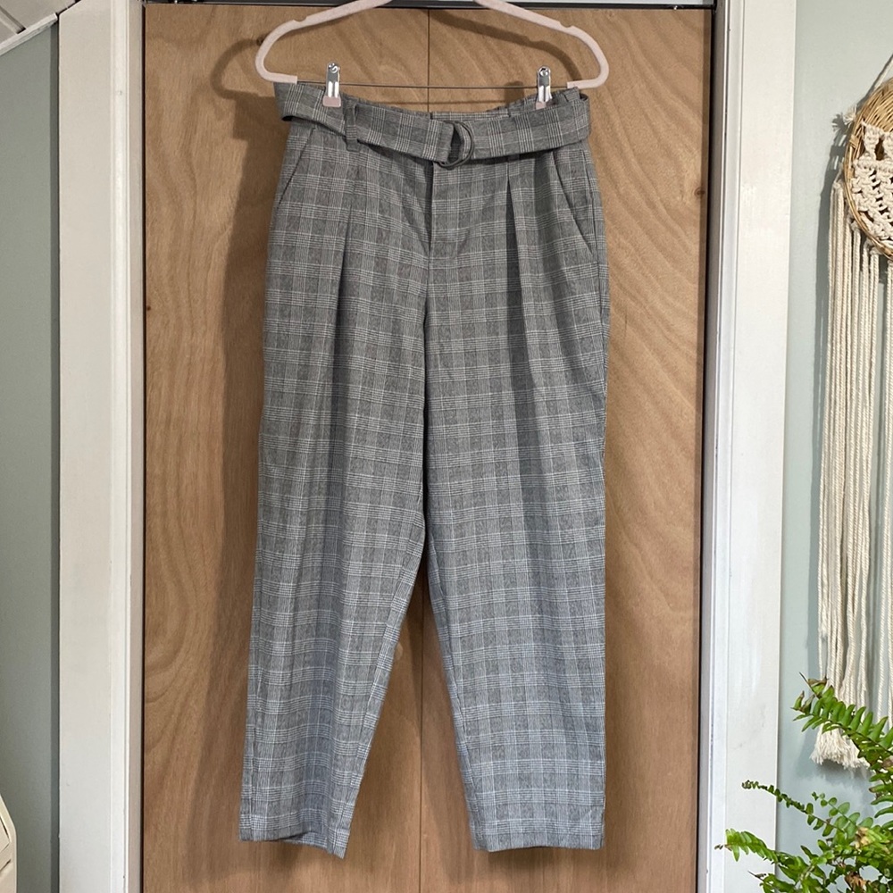 Brushed poly plaid pant with belt, high waisted.